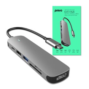 Prevo C605A 6-In-1 USB-C 4K Media and Data Transfer Hub Docking Station with 60W Passthrough