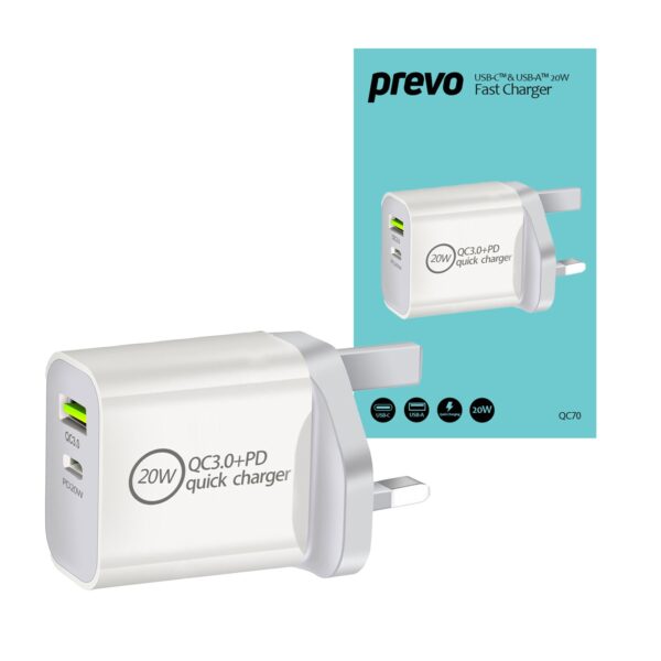 Prevo QC70 20W USB Type-C & USB Type-A Fast Charge Mains Charger with QC 3.0 for Laptops