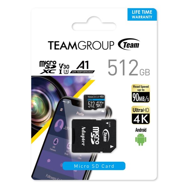 Team Elite A1 512GB Micro SDXC UHS-1 Flash Card with Adapter (for Android & 4K)